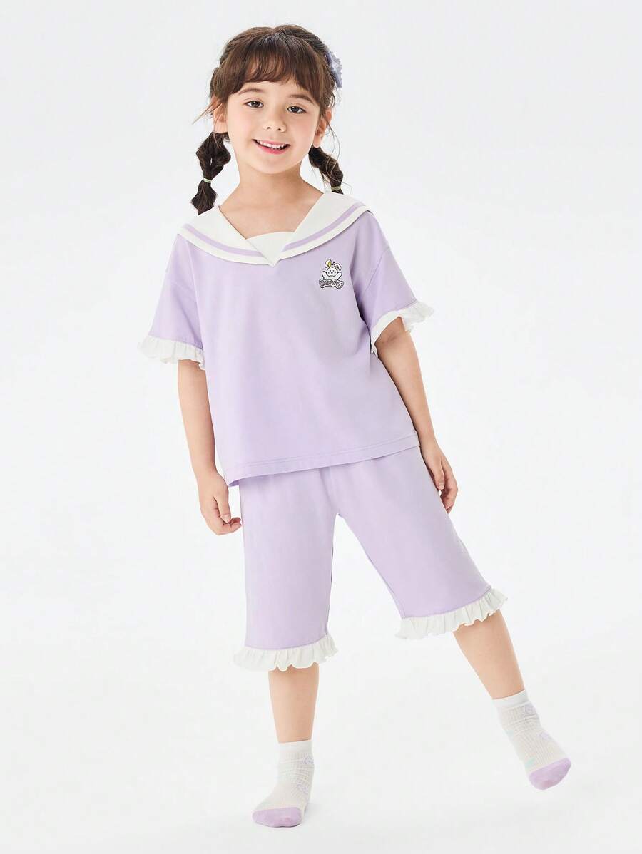 Balabala Girls' Pajama Set Summer Air-Conditioned Clothing Children's Home Clothing Kids' Big Kids' Cartoon Print Cute - Purple - View 1