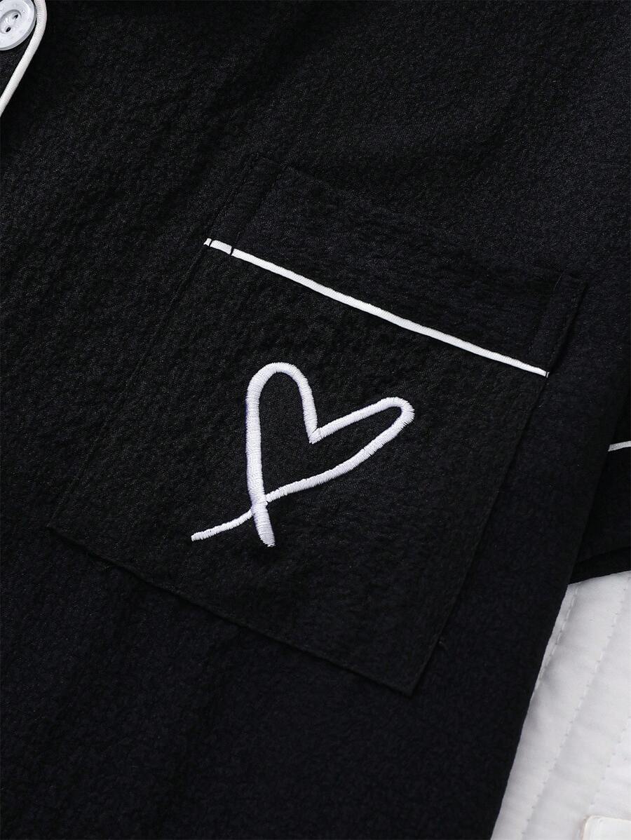 3pcs Summer Piping Contrast Color Collar Pocket Heart Embroidered Short