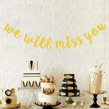 Decoración de banderines de papel brillante para fiesta de despedida de aniversario de bodas, renuncia o jubilación con el mensaje "Wewieemissyou" - Dorado - Ver 2