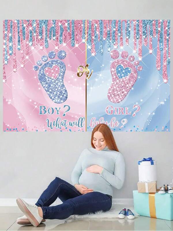 1pc Small Footprint Blue & Pink Patterned Polyester Background Cloth For Gender Reveal Party, Indoor Scene Decoration, Family Gathering, Anniversary Celebration To Create A Surprising Atmosphere, Photo Prop,Christmas