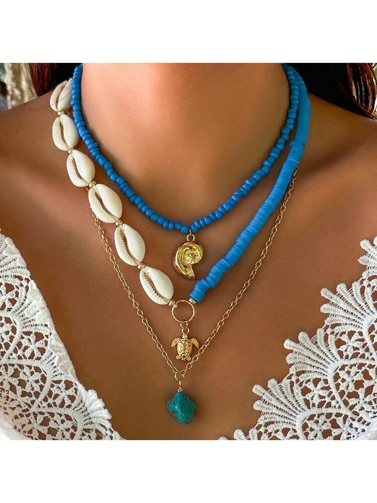 Collana Lunga Bohémien A Strati Con Conchiglia E Perline, Gioiello Estivo Da Spiaggia Per Donna - 6