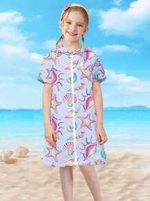 1 Peça Vestido Cobertura de Banho Capuz para Meninas em Estampa de Conchas Marítimas, Roupão de Banho Suíte de Piscina Toalha com Zíper em Tecido Atoalhado Para Praia, Casamento, Casa, Banheiro, Volta às Aulas