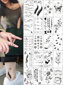 20 Sheets Cute Temporary Tattoos Stickers Featuring Small Black Designs Including Stars, Moons, Feathers, Birds, And Flowers, Waterproof And Scratch Resistant