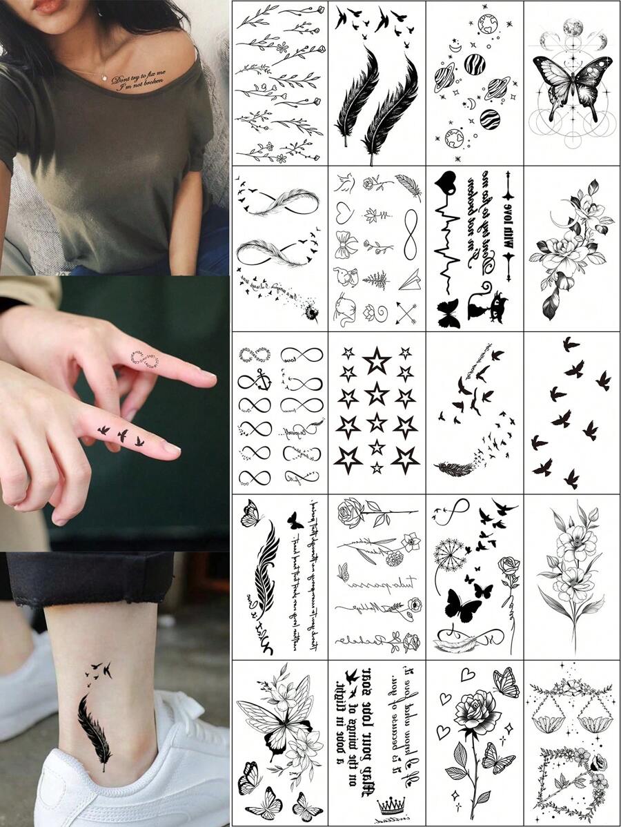 20 Sheets Cute Temporary Tattoos Stickers Featuring Small Black Designs Including Stars, Moons, Feathers, Birds, And Flowers, Waterproof And Scratch Resistant