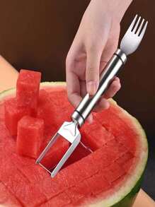 1/2pcs Watermelon Slicer With Stainless Steel Fruit Divider And Serving Tongs, Kitchen Tool For Cutting Watermelon Into Cubes And Creating Fruit Platters - Silver - View 1