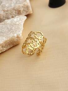 1pc Women Stainless Steel Geometric Circle Cutout Ring, Fashionable And Personalized Gold-Tone Party Jewelry With Adjustable Size, Suitable For Women, Mother Day, Teacher Day, Party, Date And Valentine Day Gift