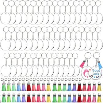160Pcs/Set Acrylic Keychain Blanks With Rings Clear Key Chains Round Clear Discs Circles Colorful Tassel DIY Crafting Vinyl Projects