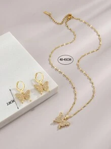 1pc Crystal Butterfly Stainless Steel Women Necklace & 1pair Crystal Butterfly Women Earrings
