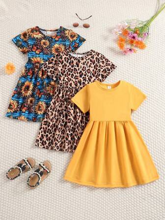 Young Girl 3pcs Elegant Knitted Solid Color Leopard Sunflower Short Sleeve Fashionable Holiday Round Neck Dress Set Children Summer Casual Cute Style Skirts