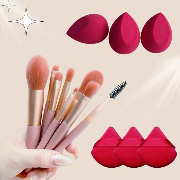 14 Stück Miniatur kleines Set aus 8 Stück Schminkpinsel + 3 Stück Make-up Eier + 3 Stück beflockte Puderquaste Schminkwerkzeug, zufällige Farben und Formen der Make-up Eier
