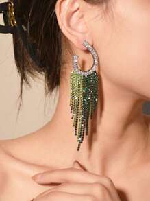 Bohemian Exaggerated Earrings, Simple And Elegant Style, Personalized Long Diamond Inlaid Tassel Design, Creative Silver Needle Earrings, Perfect For Nightclub Shows, 1pair