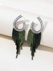 Bohemian Exaggerated Earrings, Simple And Elegant Style, Personalized Long Diamond Inlaid Tassel Design, Creative Silver Needle Earrings, Perfect For Nightclub Shows, 1pair