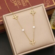 1 Set Cubic Zirconia Flower Stainless Steel Necklace Set For Women Daily Wear Valentines,Mom,Mother,Mother's Day,Gift