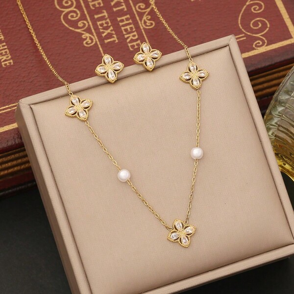 1 Set Cubic Zirconia Flower Stainless Steel Necklace Set For Women Daily Wear Valentines,Mom,Mother,Mother's Day,Gift