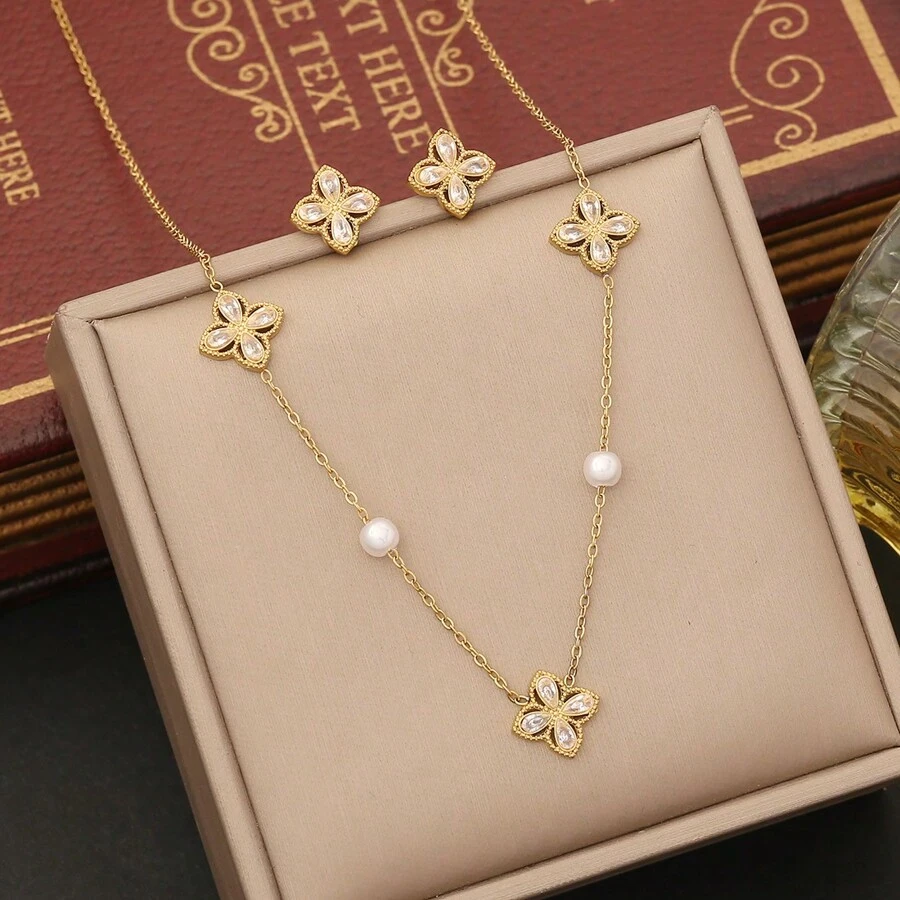 1 Set Cubic Zirconia Flower Stainless Steel Necklace Set For Women Daily Wear Valentines,Mom,Mother,Mother's Day,Gift