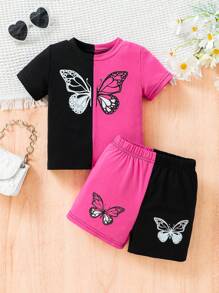 2er-Set Sommer-Schmetterlingsdruck-Farbblock T-Shirt und Shorts für Baby-Mädchen