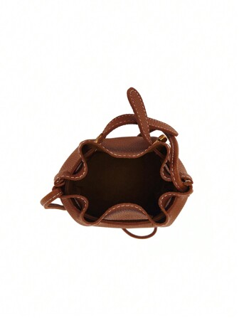 Solid Color Minimalist Girls Litchi Pattern Bucket Crossbody Bag