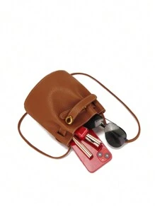Solid Color Minimalist Girls Litchi Pattern Bucket Crossbody Bag