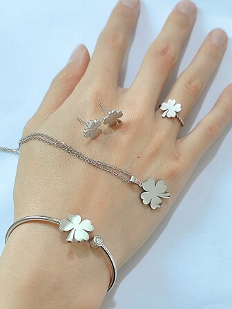 Summer Four-Leaf Clover Stainless Steel Bracelet, Necklace, Earrings, Ring Set In Unique And Delicate Design Without Fading Valentines
