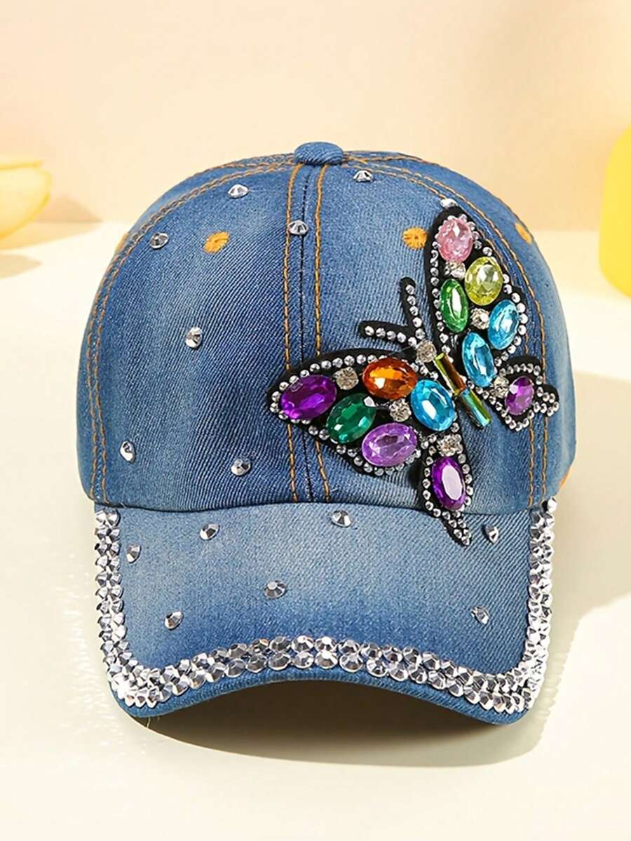 Mũ bóng chày thời trang họa tiết bướm đường phố, mũ xe tải denim chống nắng cho nữ dùng cho lễ hội âm nhạc hoặc hoạt động ngoài trời (Màu pha lê ngẫu nhiên) - nắp đỉnh - Xem 1