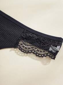 5pcs/Set Women Thong Panties, Spring And Summer Low-Waist Sexy Ribbed Underwear, Black - Black - View 5