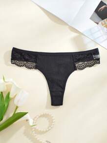 5pcs/Set Women Thong Panties, Spring And Summer Low-Waist Sexy Ribbed Underwear, Black - Black - View 3