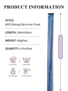 Set de 6 extensiones de cabello con purpurina de 20 pulgadas con clip, extensiones de cabello con purpurina, extensiones de cabello resistentes al calor con brillo, accesorios de cabello de hada, decoración de cabello de hada azul para mujeres, adecuado para fiestas de Navidad - Azul - Ver 4