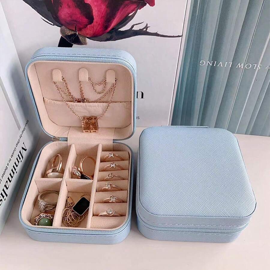1pc Mini Jewelry Storage Box, Jewellery Box, Jewelry Display Travel Zipper Case For Earrings Necklaces Rings, Portable Leather Jewelry Box, Durable