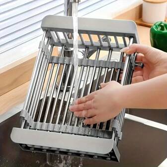 1pc Storage Basket, Space-Saving Stainless Steel Sink Rack Shelf, Expandable, Durable, And Streamlined Storage Organizer, For Washing And Draining, For Dish And Food, Kitchen Organizers And Storage, Kitchen Accessories