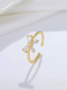 1 chiếc nhẫn nơ đính đá Cubic Zirconia khảm đồng thời trang, thích hợp cho phụ nữ sử dụng hàng ngày, đi làm, tiệc tùng và tiệc tối ngày lễ tình nhân - Vàng - Xem 2