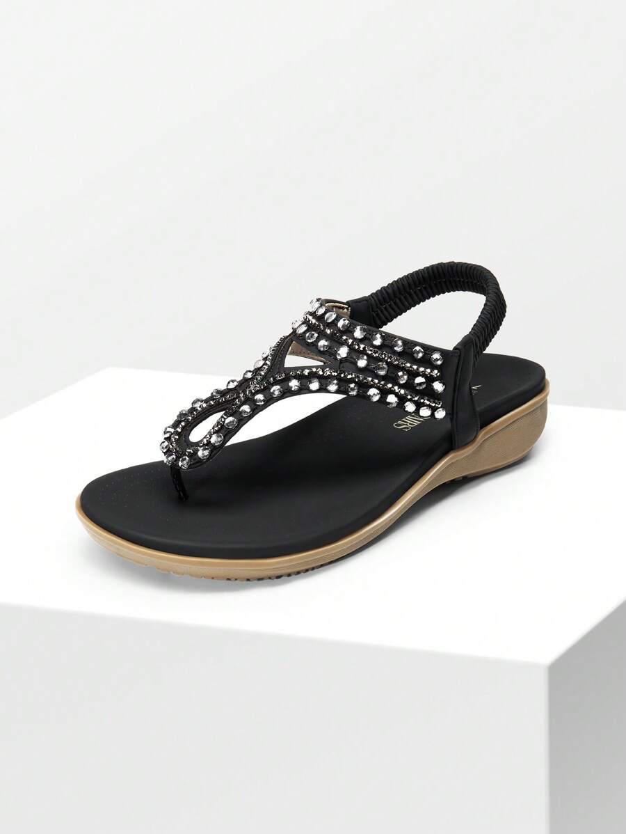 Women's Comfortable Dressy Flat Sandals Rhinestone Elastic T-Strap Thong Sandals For Summer Beach - màu đen - Xem 1