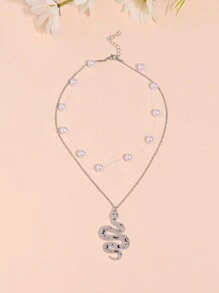 1Pc Phong Cách Tối Giản Ngọc Trai Giả & Lấp Lánh Vòng Cổ Mặt Rắn Hình Trăn Với Thiết Kế Đơn Giản, Phù điêu Ngôi Sao & Mặt Trăng, Chặn Màu, Dây Xích Xương Đòn Hai Lớp, Thiết Kế Sang Trọng Và Độc Đáo - vòng cổ - Xem 4