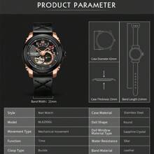 MEGIR 男士奢华运动自动机芯机械表时尚皮革商务腕表时钟大表盘 - 黑色 - 查看 6