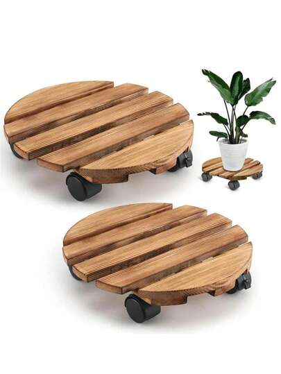 1pc Plant Caddy Wooden Plant Stand With Wheels Heavy Duty Rolling Plant Stand Round Plant Dolly Rollers Cart With Metal Lockable Casters For Outdoor/Indoor Large Plant Pot/Flower Pot/Patio