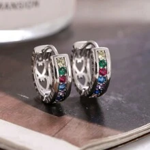 2 chiếc khuyên tai hợp kim Unisex, trang sức thời trang mùa hè, khuyên tai dạng vòng và khuyên tai lủng lẳng đính đá Cubic Zirconia đầy màu sắc, khuyên tai hình tròn, tông màu vàng và bạc, thích hợp để đeo hàng ngày, quà tặng cho giáo viên, bạn bè, bạn cùng lớp và các cặp đôi - bông tai hình tròn - Xem 7