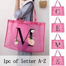 1入大容量雛菊印花黑色網袋，個性化伴娘婚禮禮物袋，沙灘袋，化妝袋，旅行收納袋，戶外美容的完美選擇！適用於婚禮、生日、海灘和度假，是家人和朋友的絕佳禮物。這是適合學生、返校和禮物袋給教師的大型袋子。這是一個具有創新設計的便攜式休閒收納手提袋，是購物的理想選擇。 - 粉色 - 查看 1