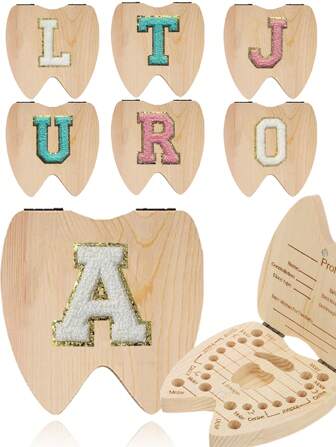 1 pieza Caja de dientes de bebé de madera para niños y niñas, estuche de almacenamiento de dientes de leche, caja de recolección de lanugo y cordón umbilical, caja de almacenamiento de dientes con 26 letras en 3D, caja de recuerdos para coleccionar como regalo