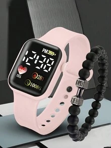 Reloj electrónico cuadrado para niños con dibujos animados y visualización digital, juego de 2 relojes deportivos - Rosa - Ver 2