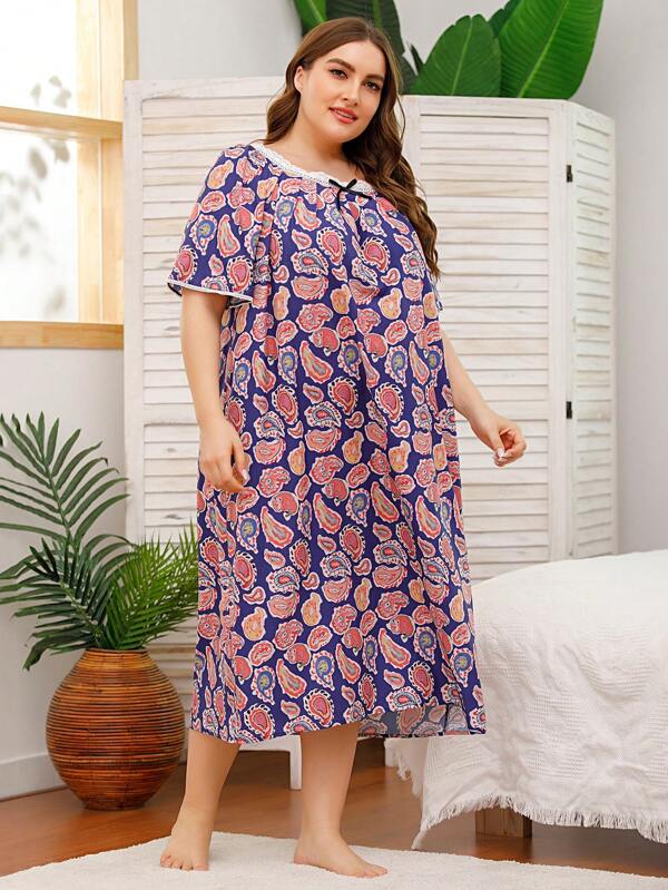 Spring And Summer European And American Plus Size Women Home Clothes Sleeping Dress Short Sleeve Lace Splicing Printed Home Sleeping Dress Female