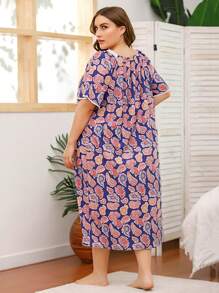 Spring And Summer European And American Plus Size Women Home Clothes Sleeping Dress Short Sleeve Lace Splicing Printed Home Sleeping Dress Female - Purple - View 5