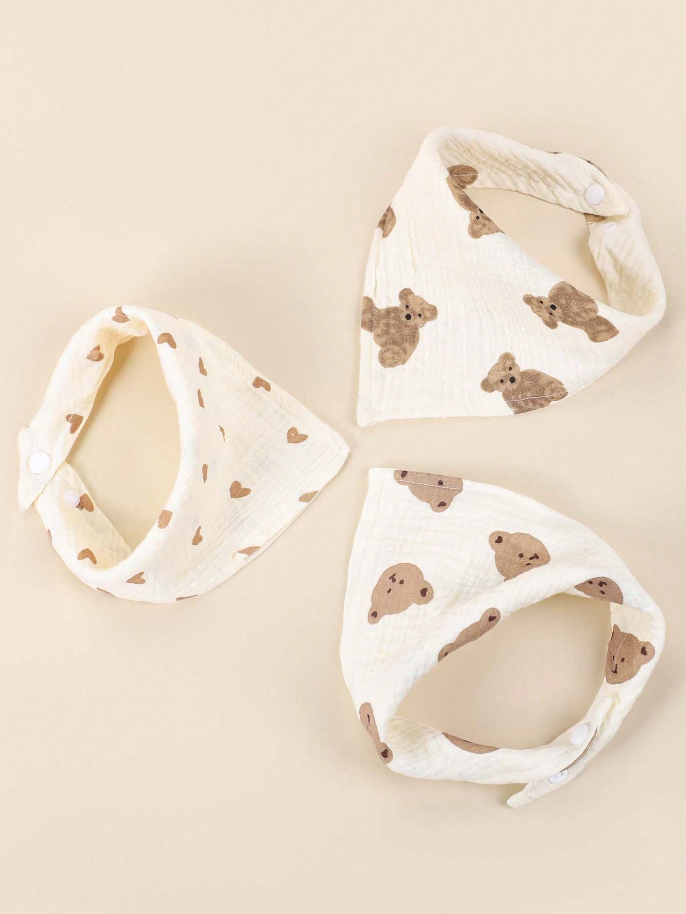 3pcs Baby Toddler Soft Breathable Cute Bear & Heart Printed Bandana Bibs, Multi-Function
