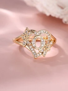 Tsnamer 1枚精美立方氧化锆金色字母心形戒指，26个字母A-Z可定制姓名花朵图案，可调节开口手镯式戒指，适合女性和女孩日常佩戴，生日珠宝礼物 - 金色 - 查看 32