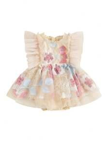 Baby Girl Romper Dress Cap Sleeve Embroidery Flower Bodysuit Summer Clothes