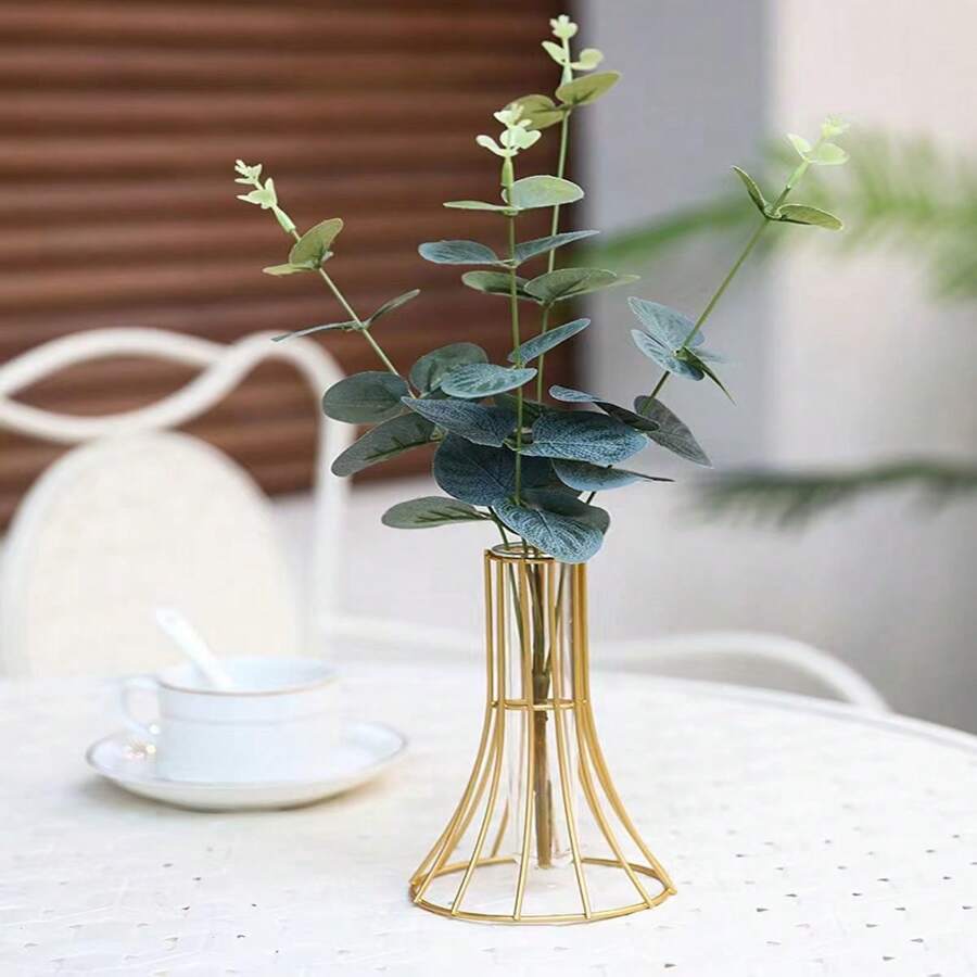 Jarrón de flores de hierro hueco con forma de botella de vino pequeña para la decoración de la sala de estar del hogar con vidrio transparente para arreglos de flores secas - Dorado - Ver 1
