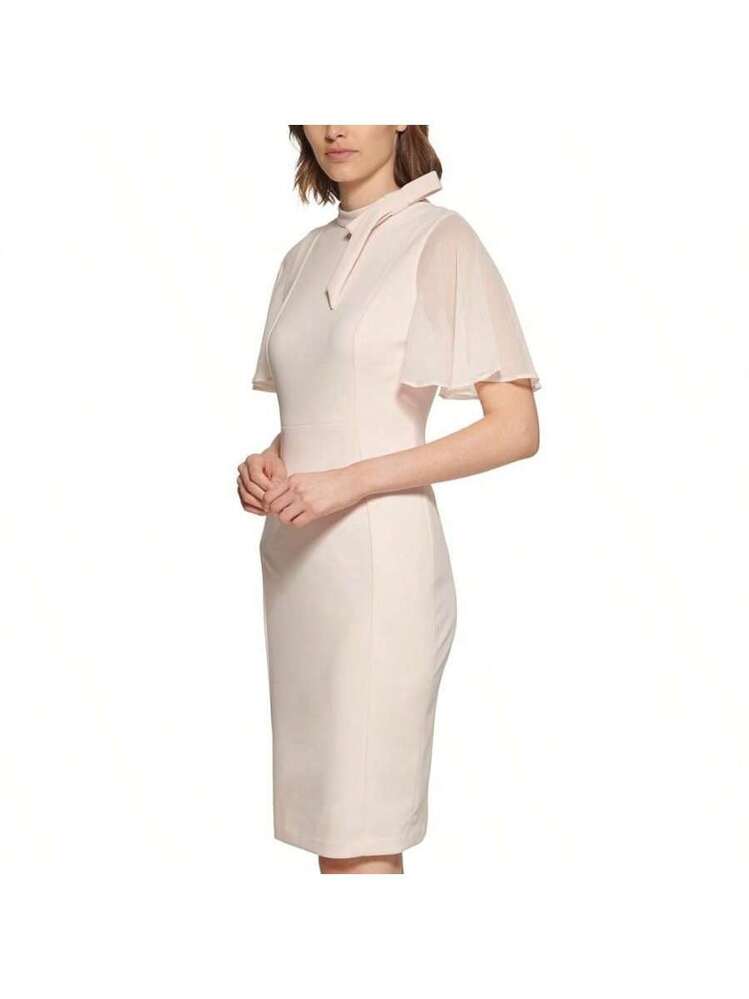 chinese dress ladies Calvin Klein Women's Flutter Sleeve A-Line Dress with Surplice Neckline,  Black/Cream, 2 at Amazon Women's Clothing store