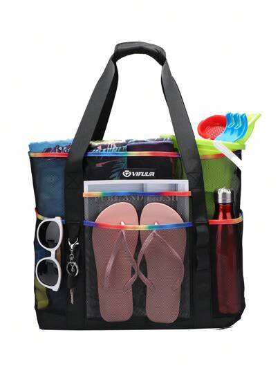 Borsa a rete oversize da spiaggia per ragazze, borsa da viaggio pieghevole con spalla, con tasche multiple, leggera per piscina, spiaggia, vacanza, può essere riposta in valigia
