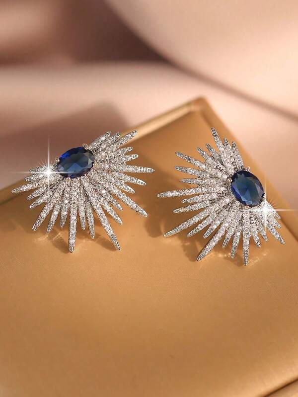 1 Pair Luxury Stud Earrings With Bling Blue Zirconia Stone For Women Girl Party Wedding Jewelry Gift