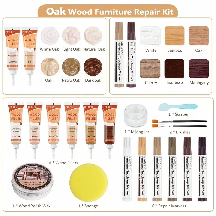 SEISSO Wood Furniture Repair Kit Touch Up Markers, 6 Colors Natural Oak
