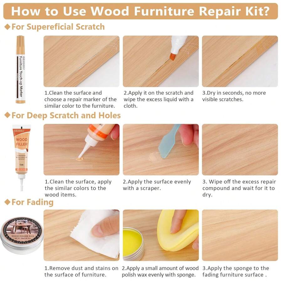 SEISSO Wood Furniture Repair Kit Touch Up Markers, 6 Colors Natural Oak