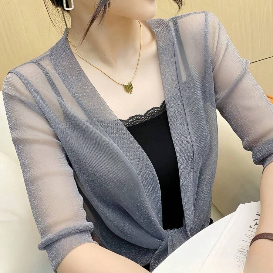 1件女士纯色蕾丝网纱披肩,轻盈透气长袖开衫,适合日常通勤、驾车和旅行 - 彩色 - 查看 1
